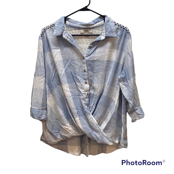 Vintage America Blues Striped Plaid Lace Chambray Button Wrapped Blouse Size 1X - Picture 1 of 11